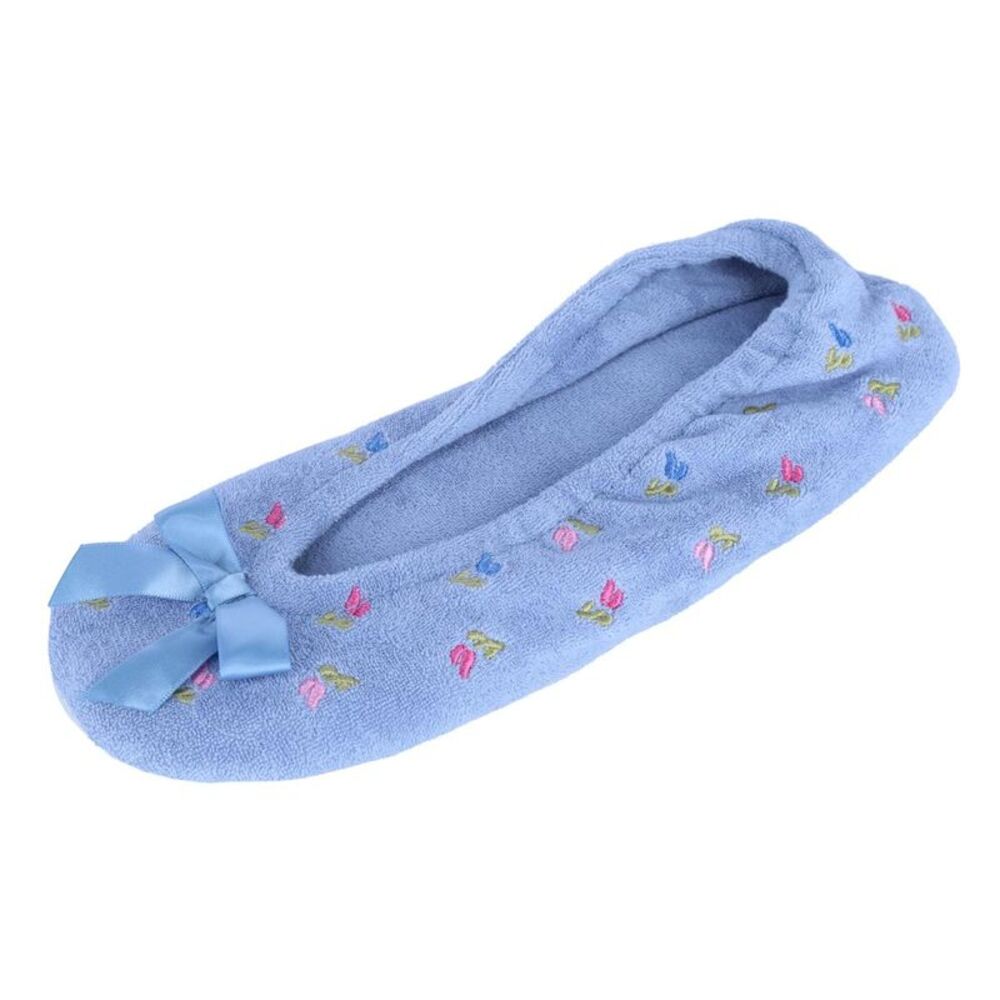 CTM Women's Floral Embroidered Terry Ballerina Slipper House Shoe